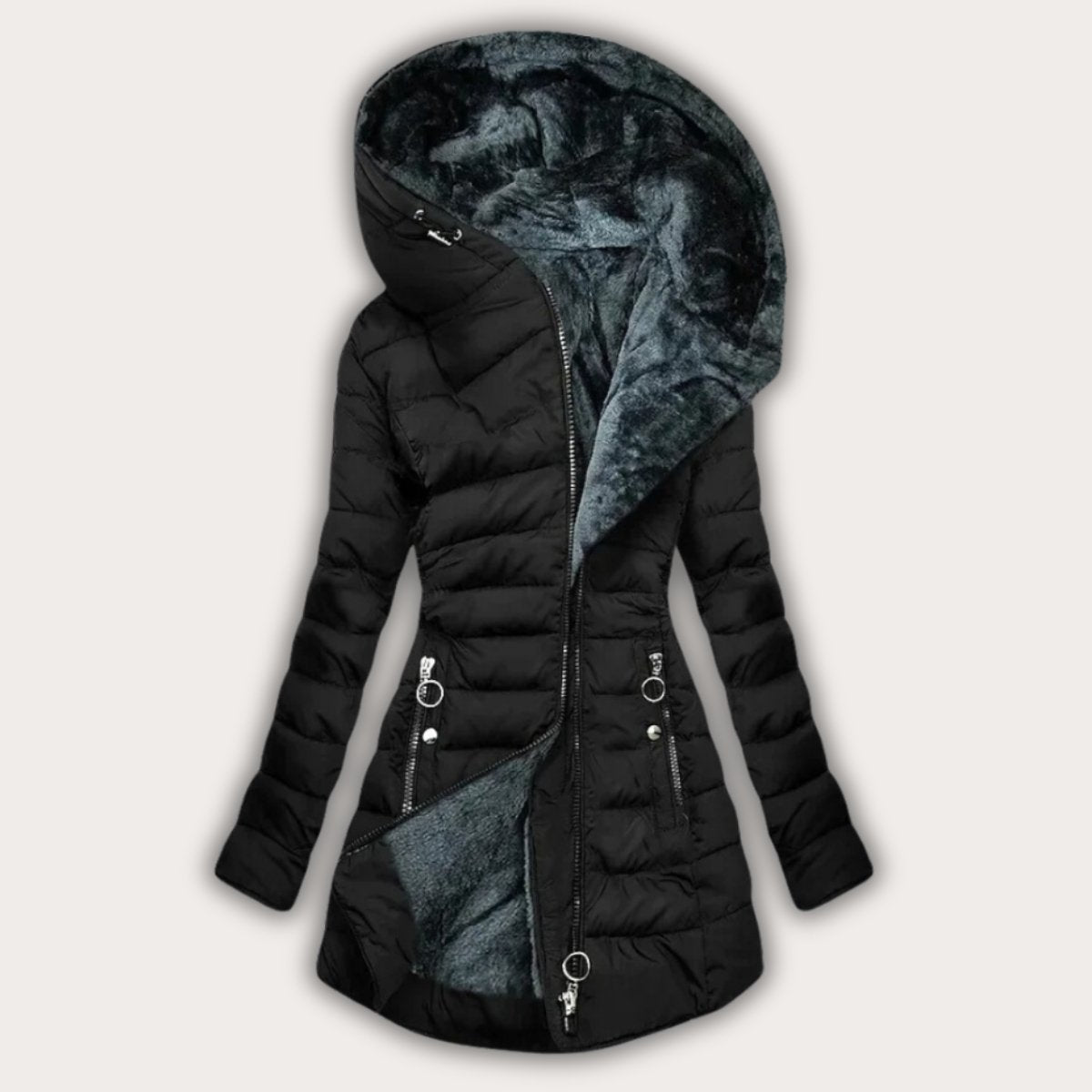 Women's Asymmetrical Puffer Coat with Faux Fur Hood