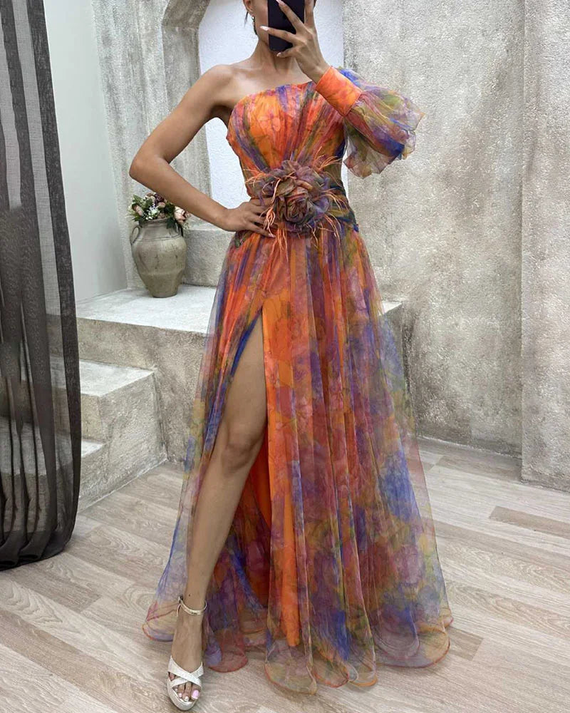 Robe maxi fleurie asymétrique pour femme avec fente haute