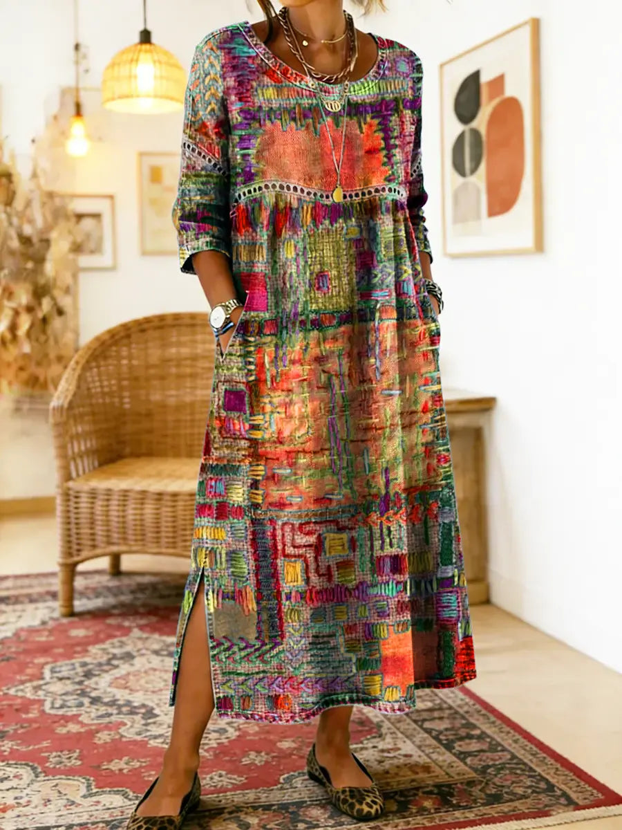 Robe midi bohème patchwork pour femme