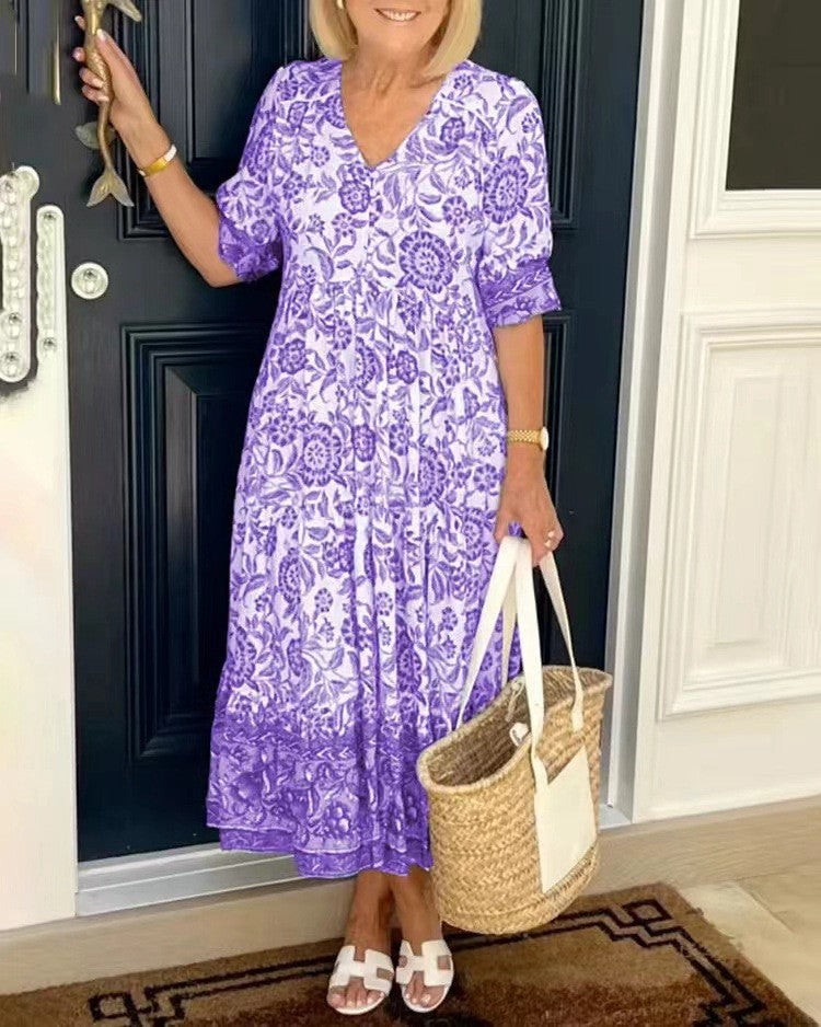 Women's A-Line Floral Midi Dress with V-Neckline
