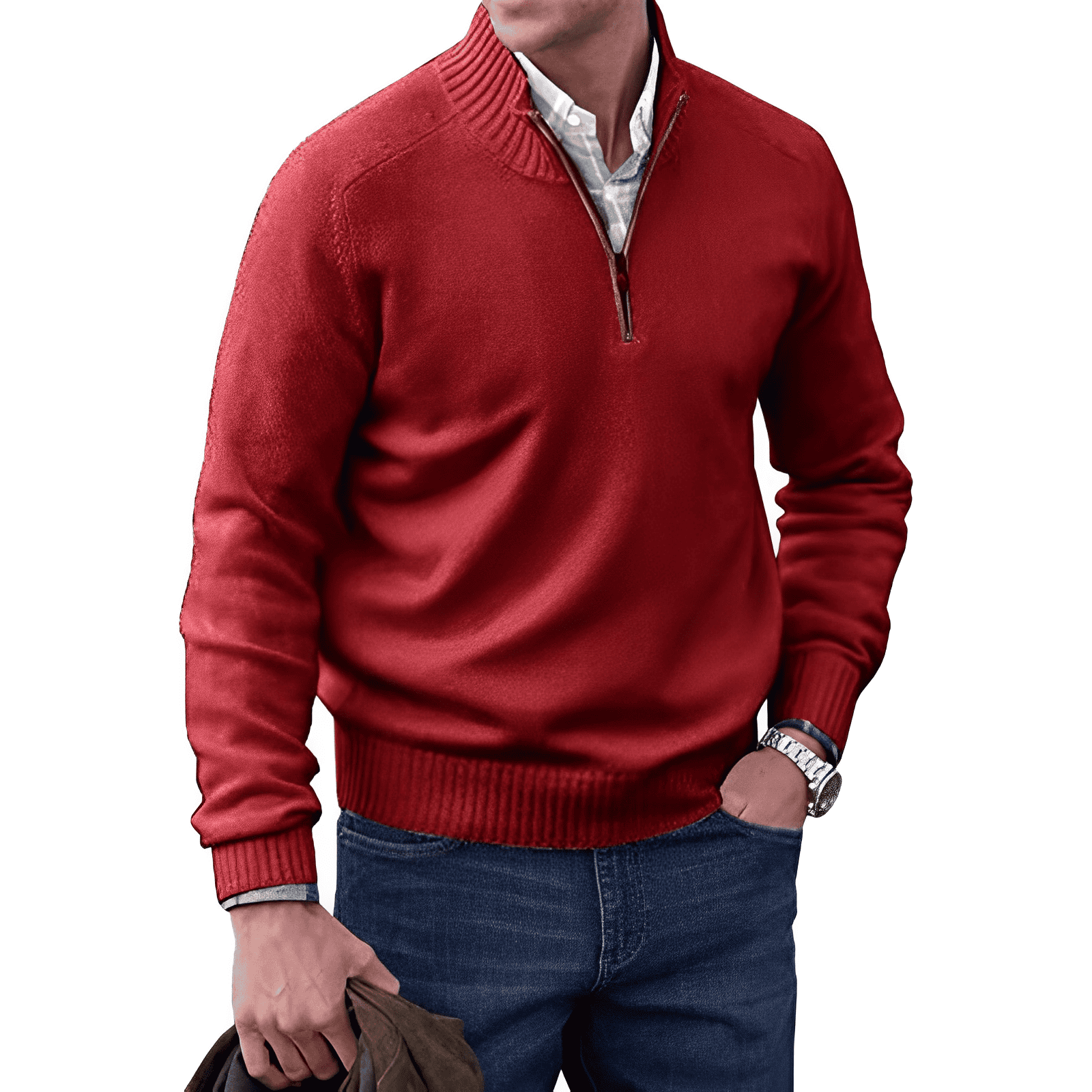 Maglione da uomo con zip a un quarto e dettagli a coste