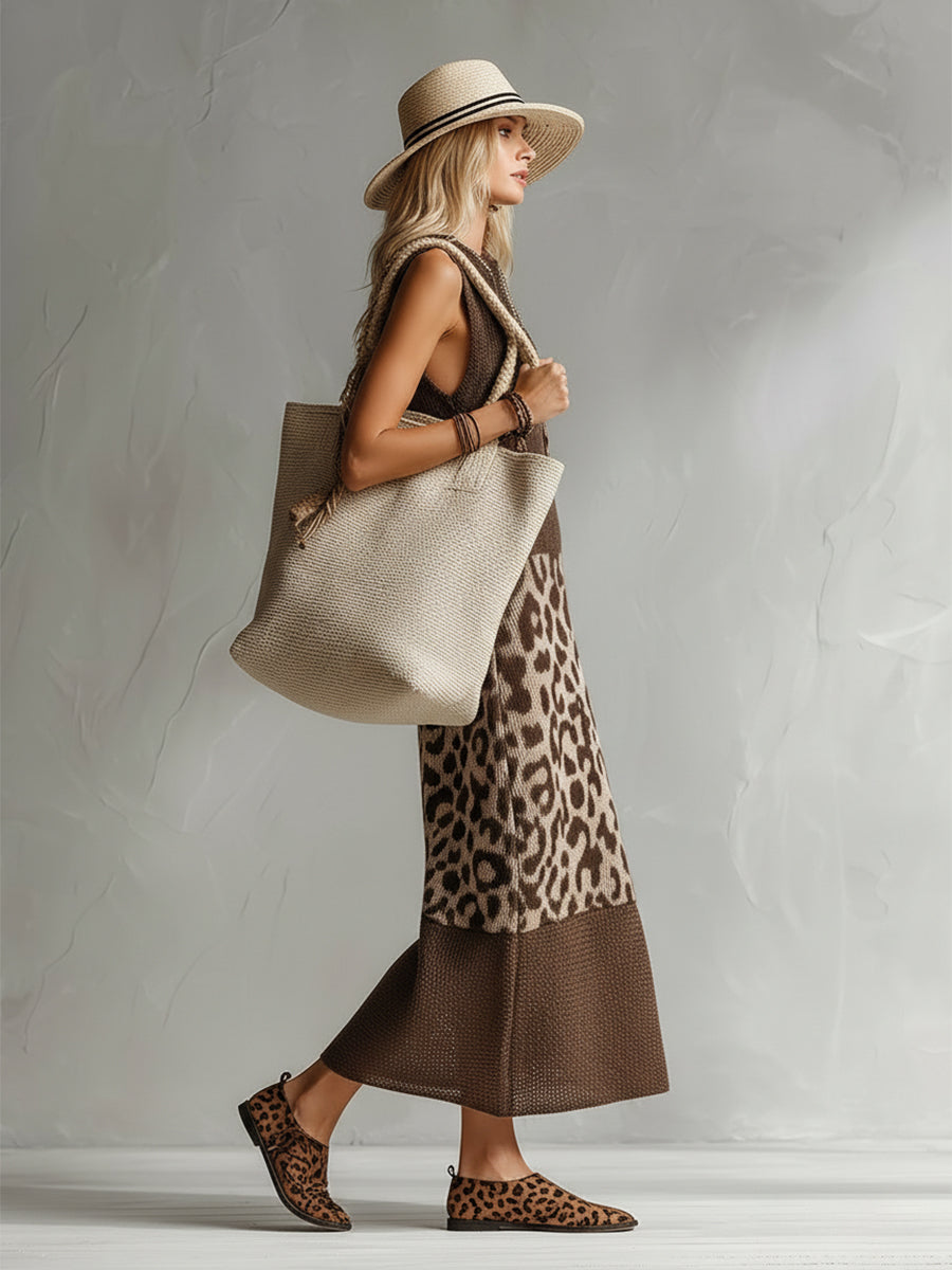 Women's Sleeveless Leopard Print Midi Dress