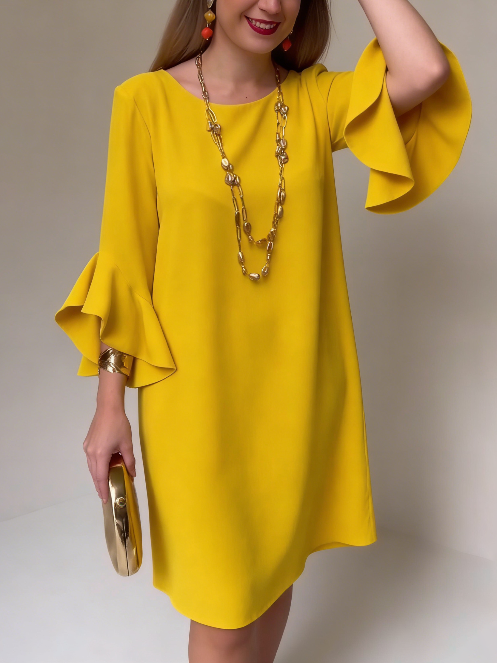 Robe midi fluide pour femme à manches volantées