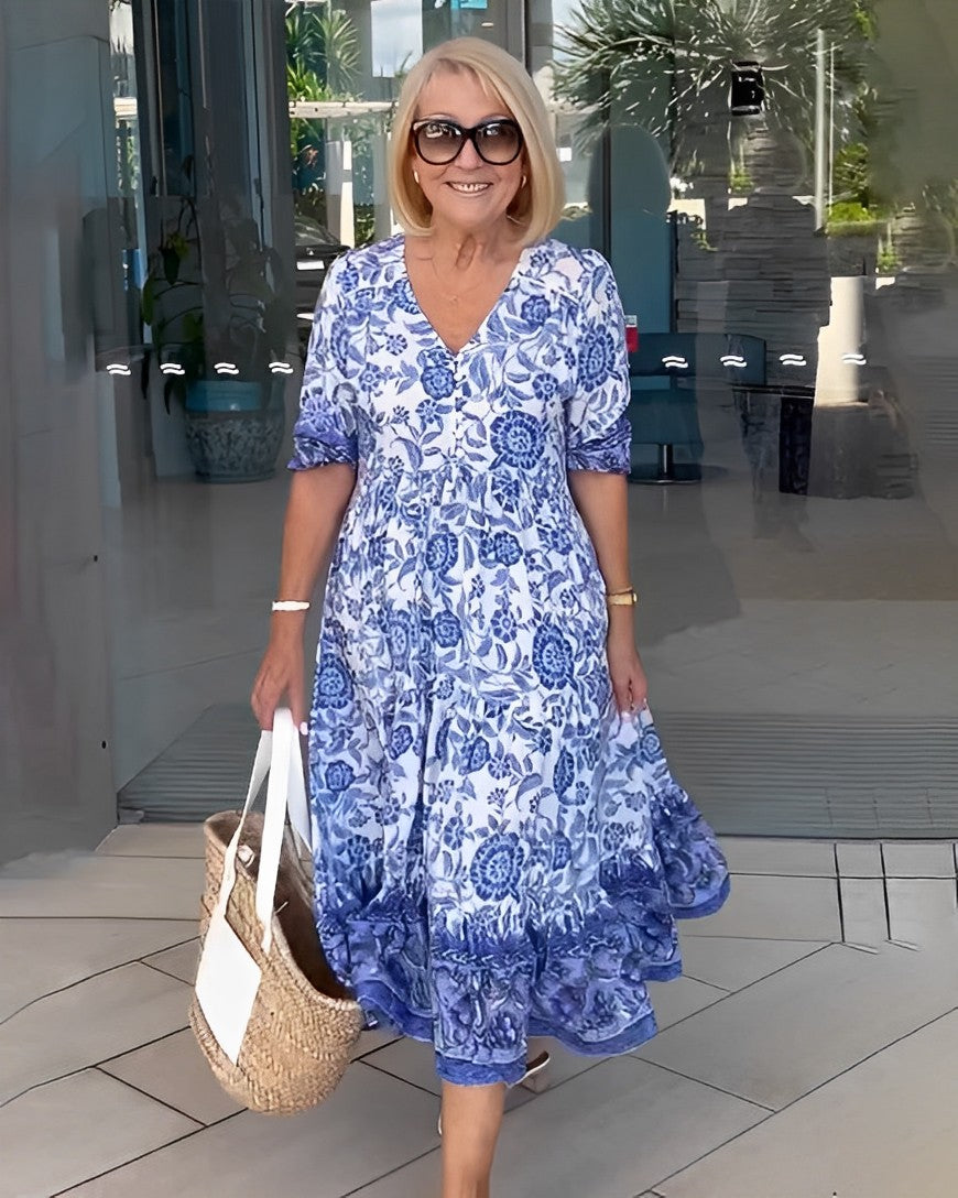 Women's A-Line Floral Midi Dress with V-Neckline