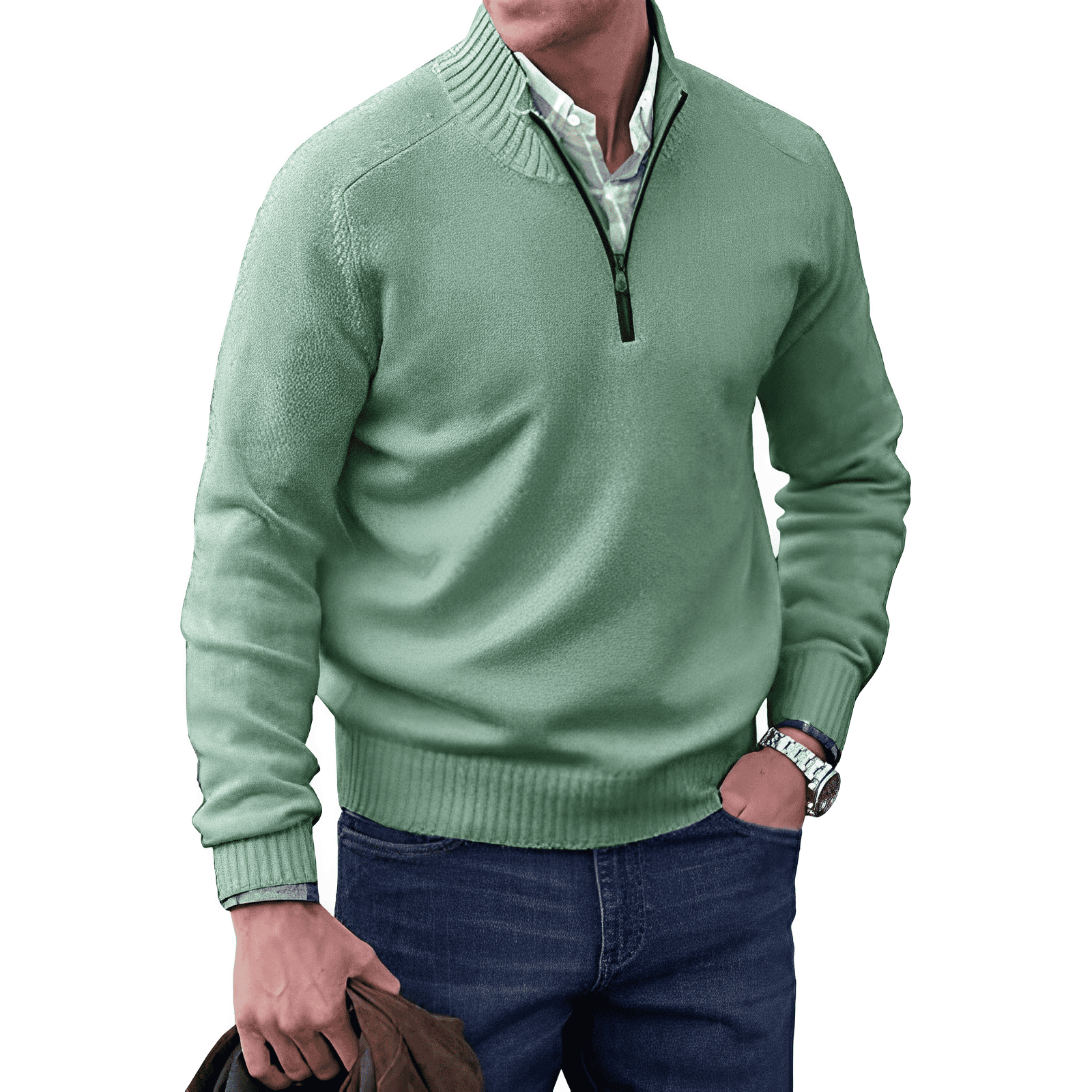 Maglione da uomo con zip a un quarto e dettagli a coste