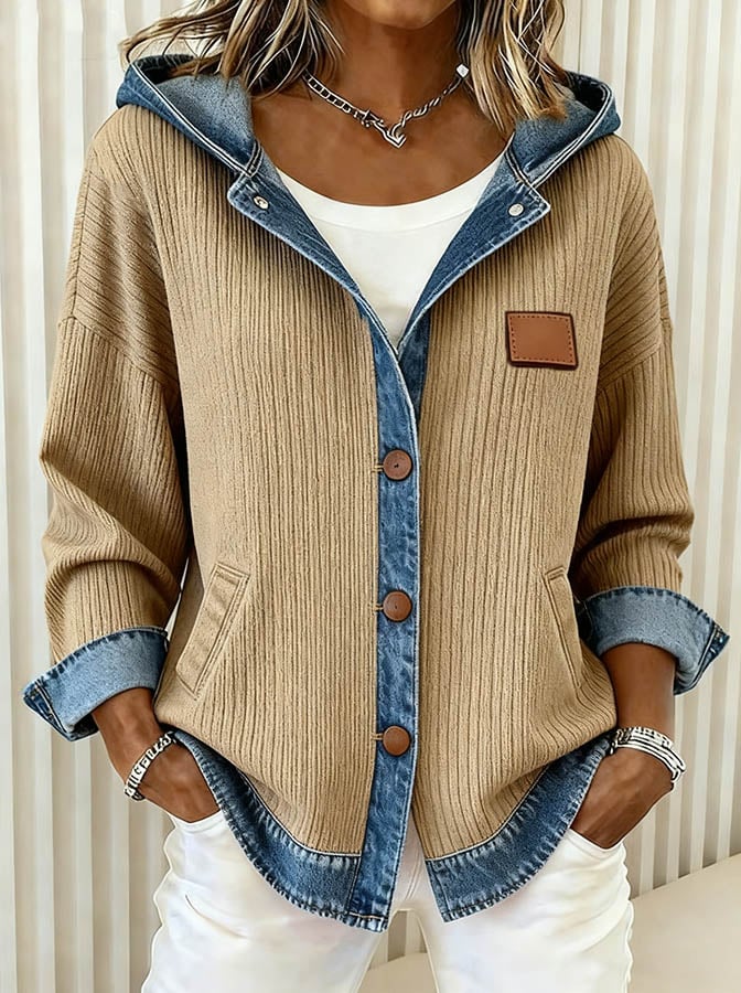 Cardigan tricoté à capuche pour femme avec détail en denim