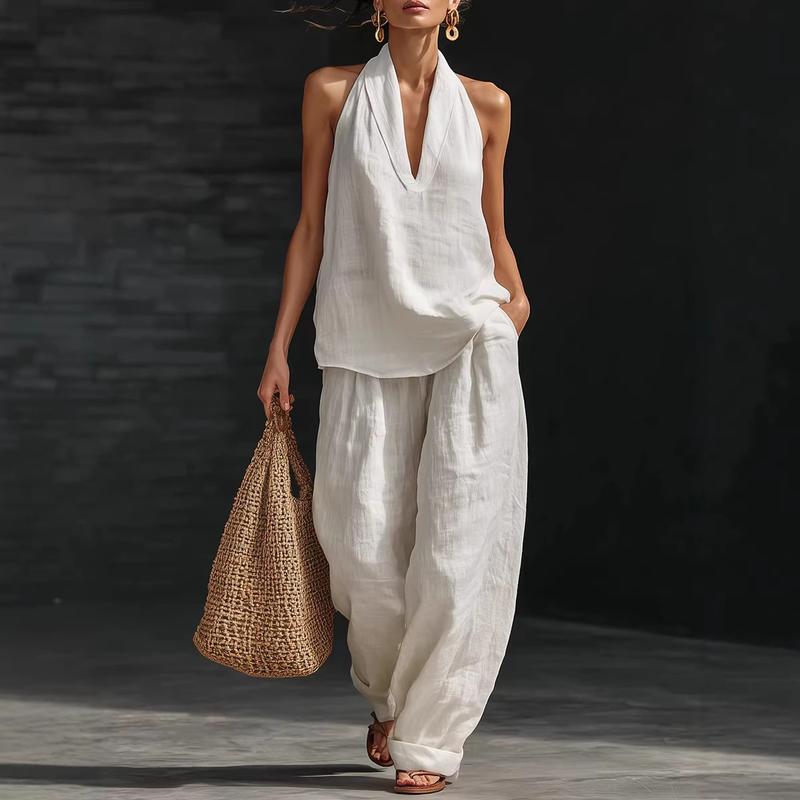 Ensemble composé d’un haut dos nu sans manches et d’un pantalon à jambes larges pour femme
