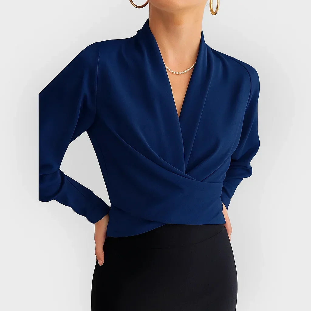 Blouse portefeuille pour femmes, blouse de bureau croisée bleue