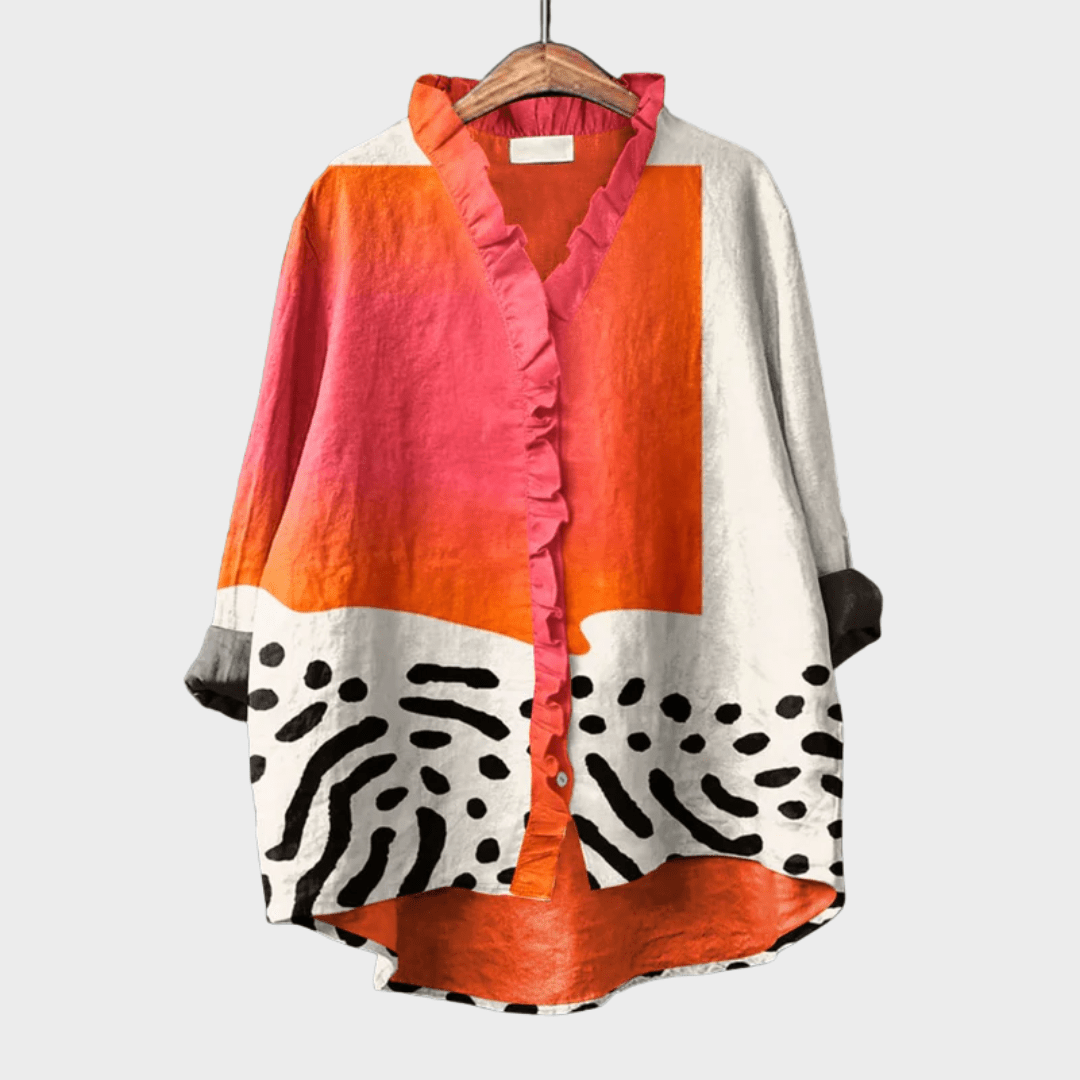 Blusa da donna con stampa artistica e scollo a V con volant