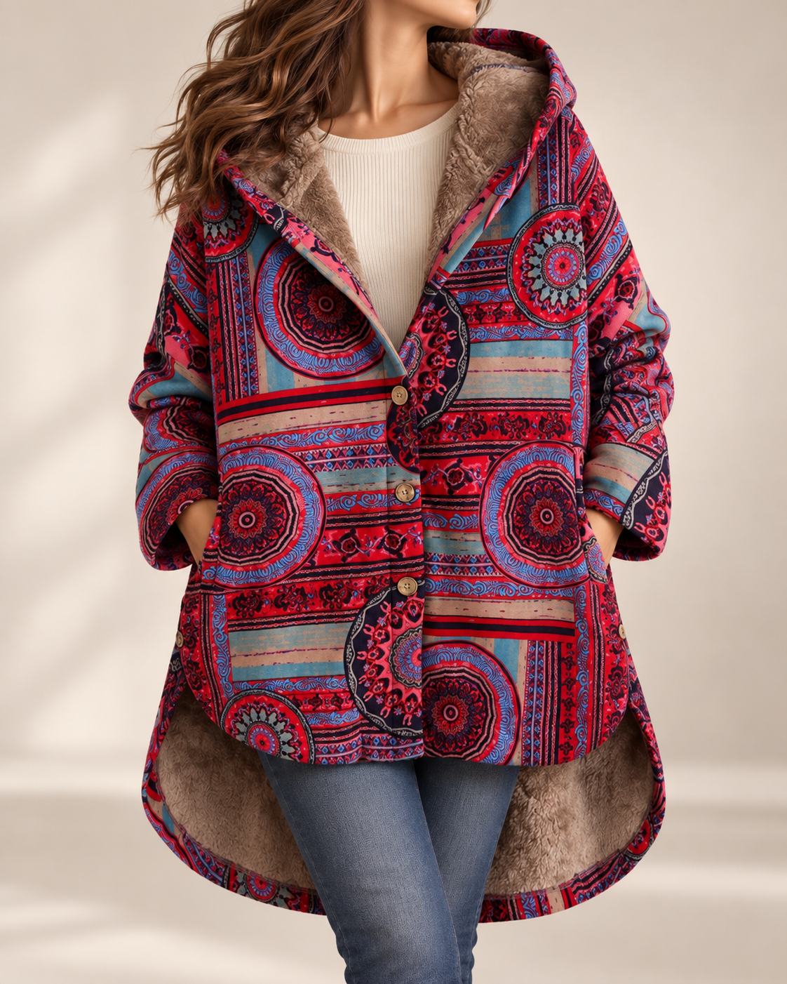 Cappotto invernale boho da donna con cappuccio e stampa paisley