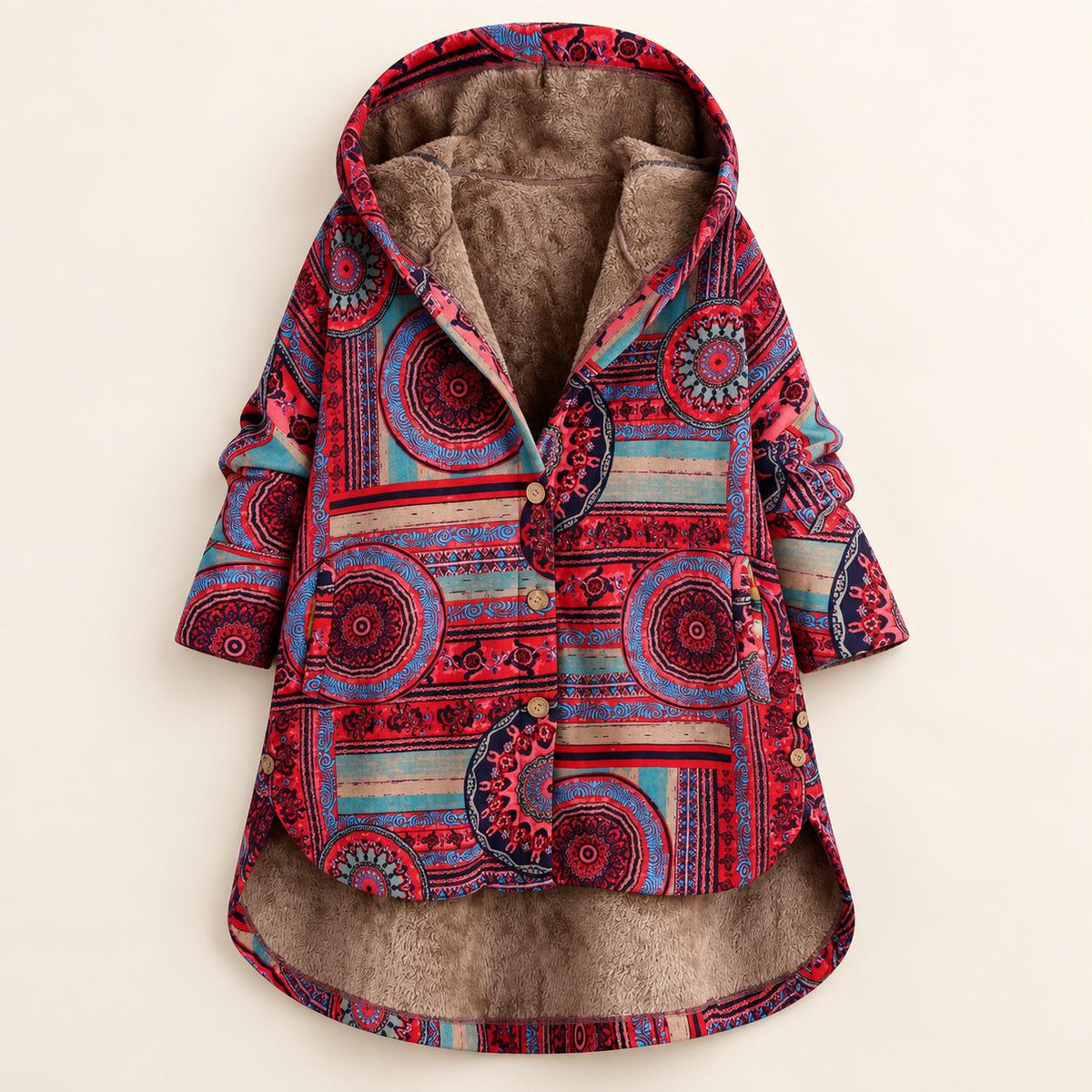 Cappotto invernale boho da donna con cappuccio e stampa paisley
