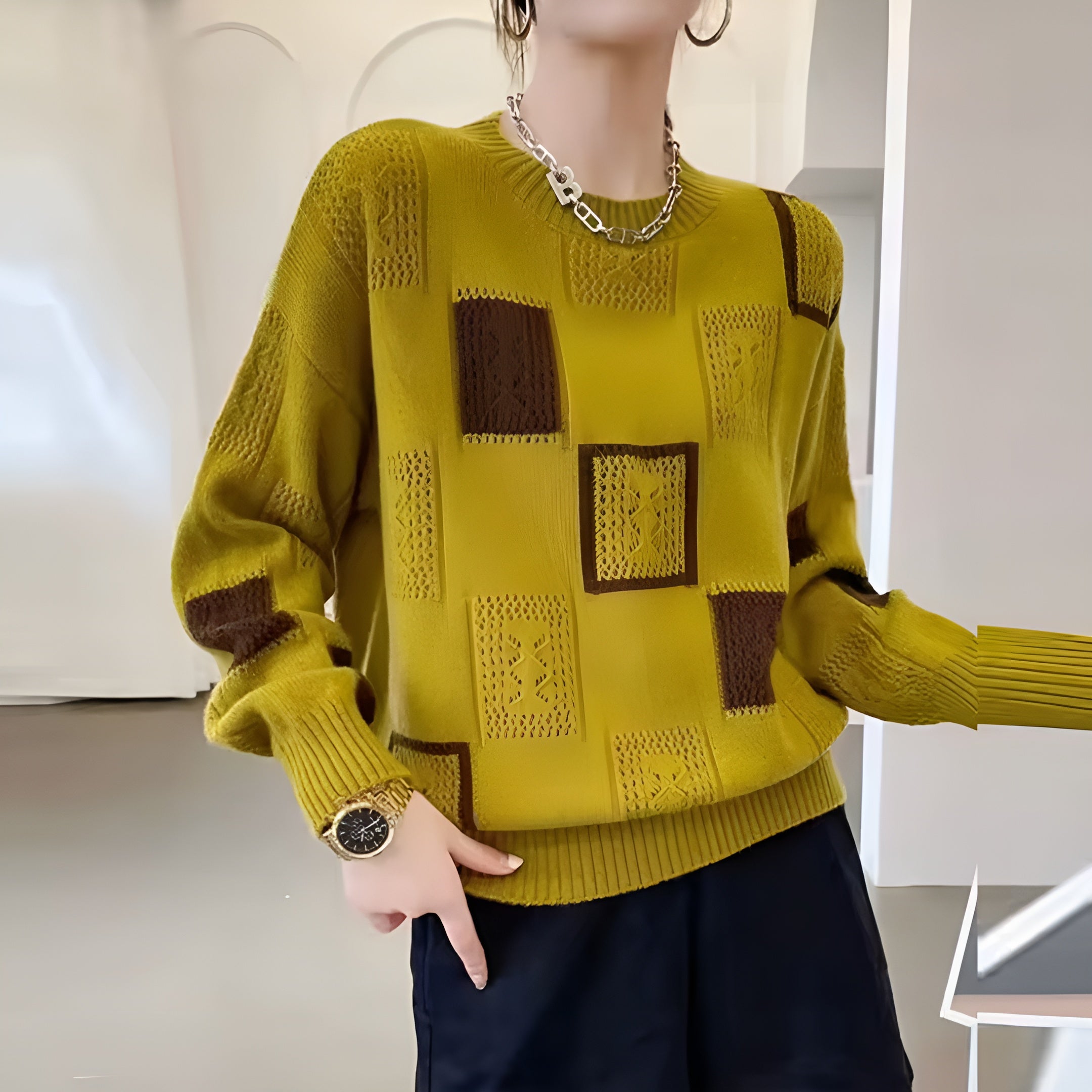 Women's Geometric Patchwork Pattern Knit Sweater