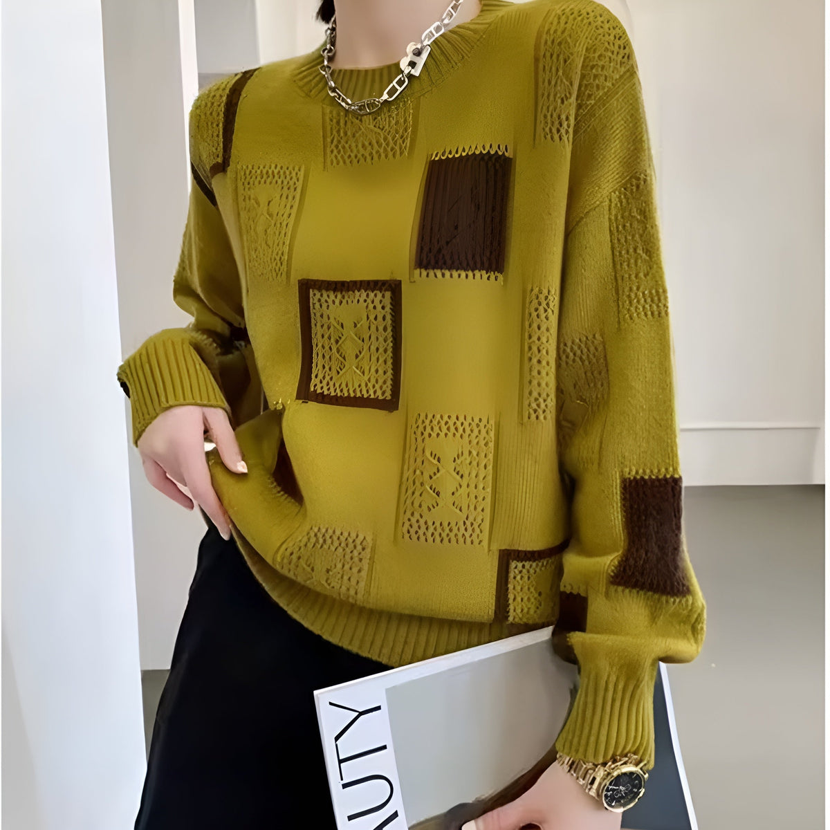 Women's Geometric Patchwork Pattern Knit Sweater