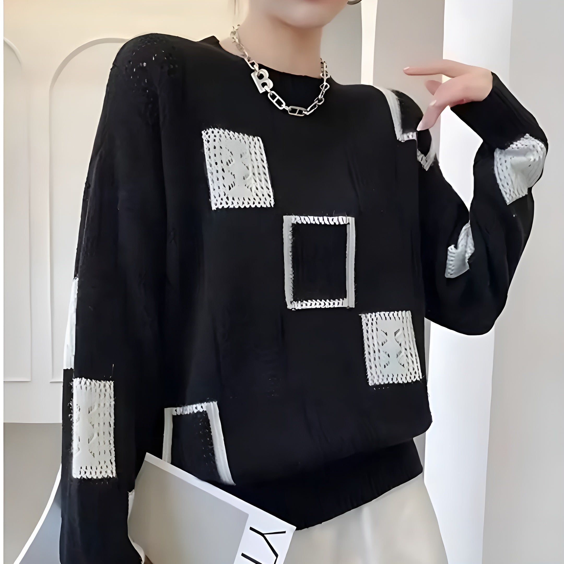 Women's Geometric Patchwork Pattern Knit Sweater