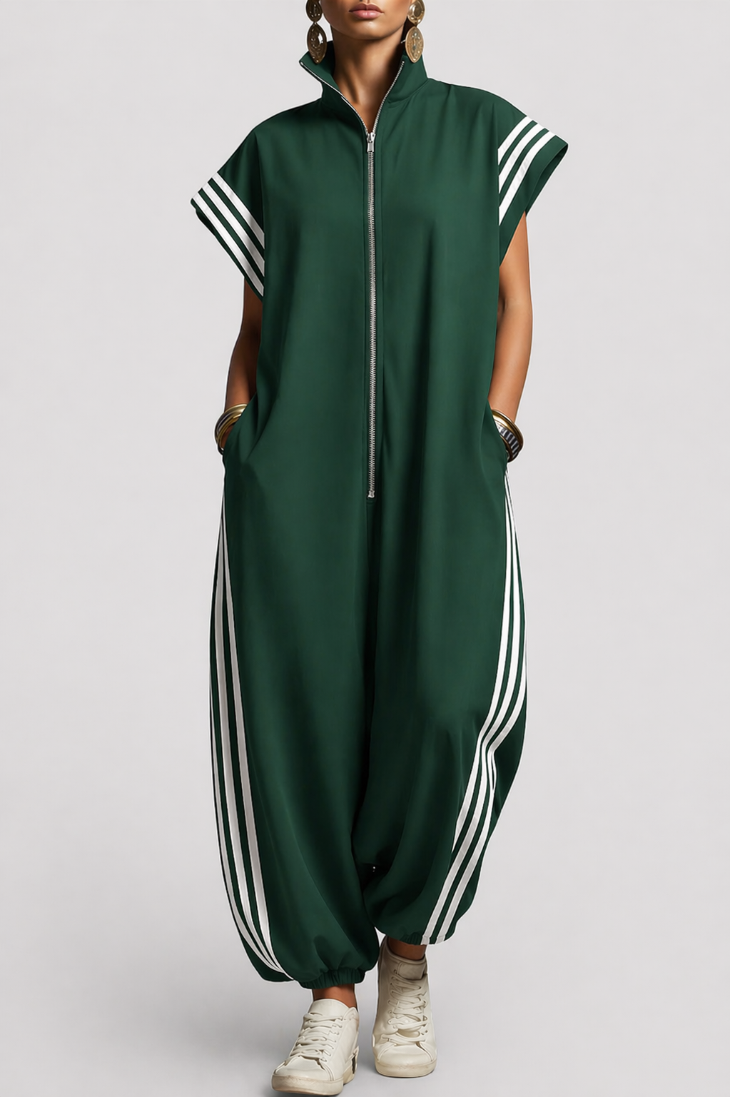Women's Zip-Up Jumpsuit with Contrast Stripes
