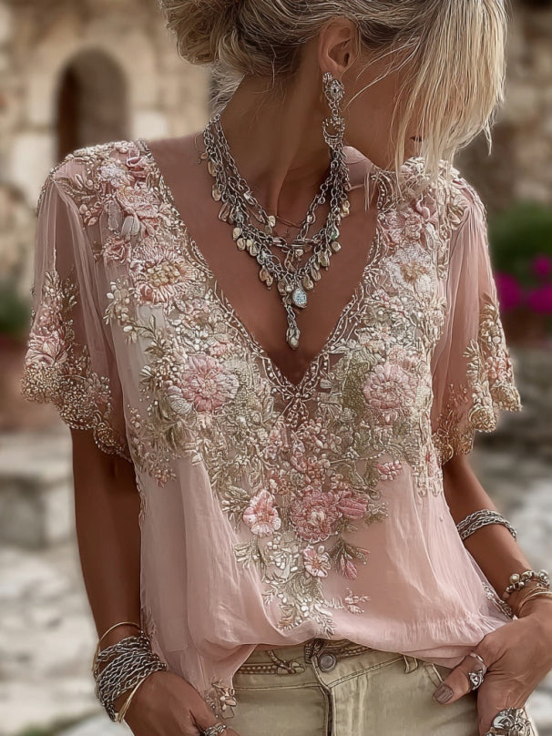 Blouse femme fleurie brodée avec encolure en V