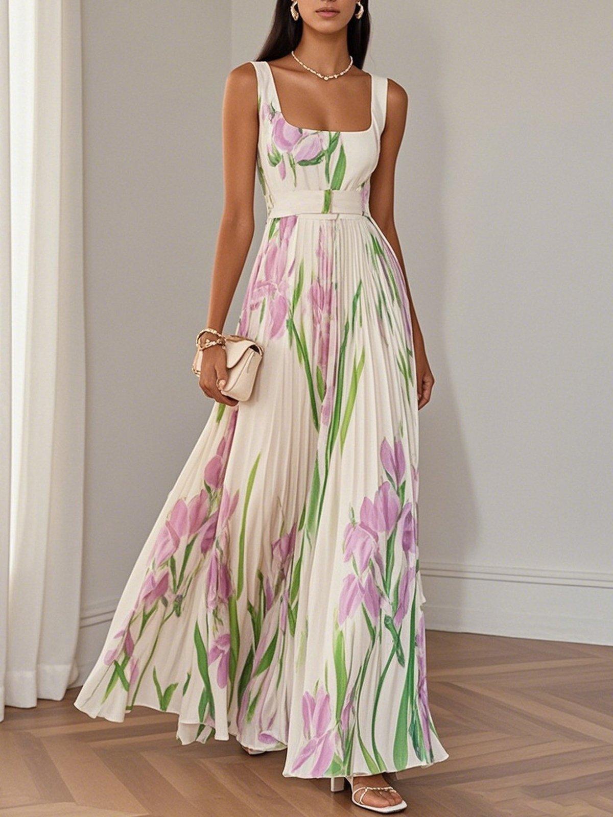 Robe longue fluide à encolure carrée fleurie pour femme