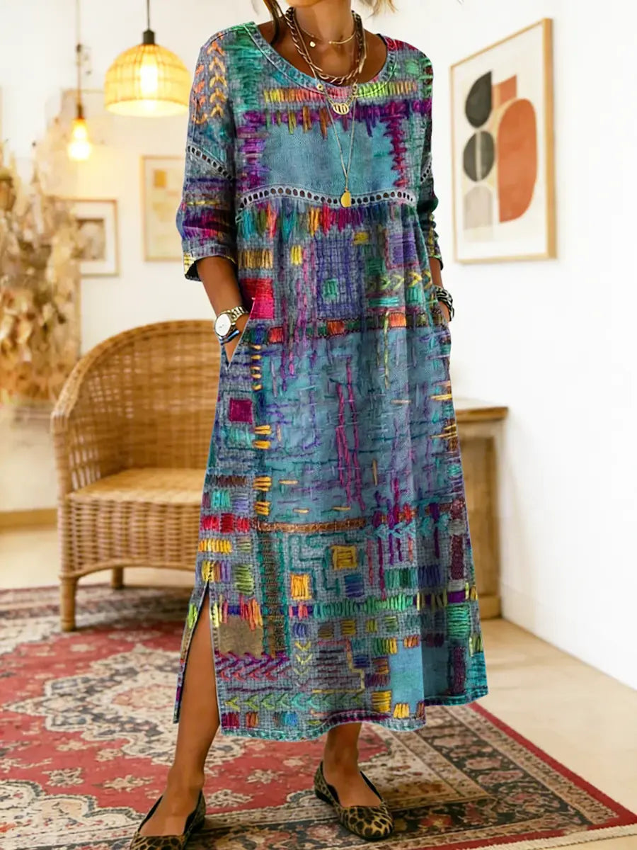 Robe midi bohème patchwork pour femme