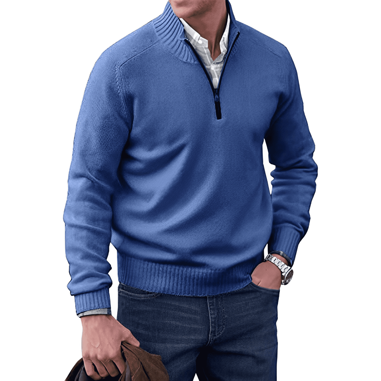 Maglione da uomo con zip a un quarto e dettagli a coste