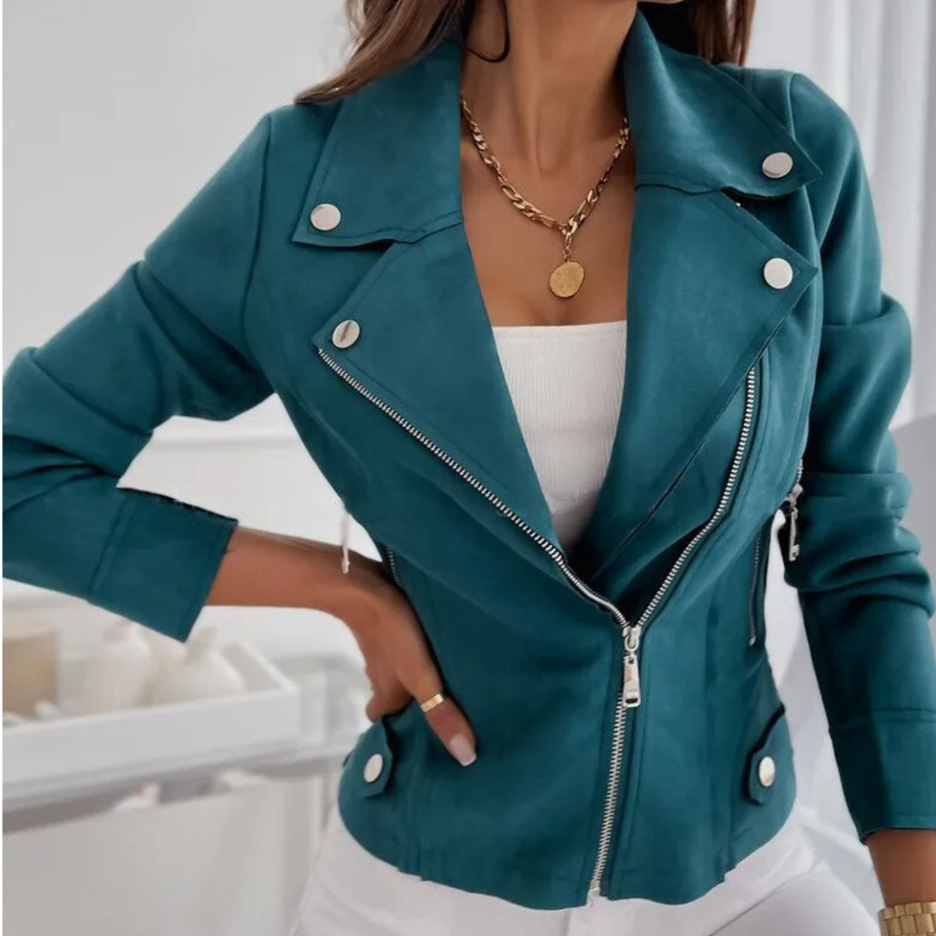 Giacca moto da donna in finta pelle scamosciata
