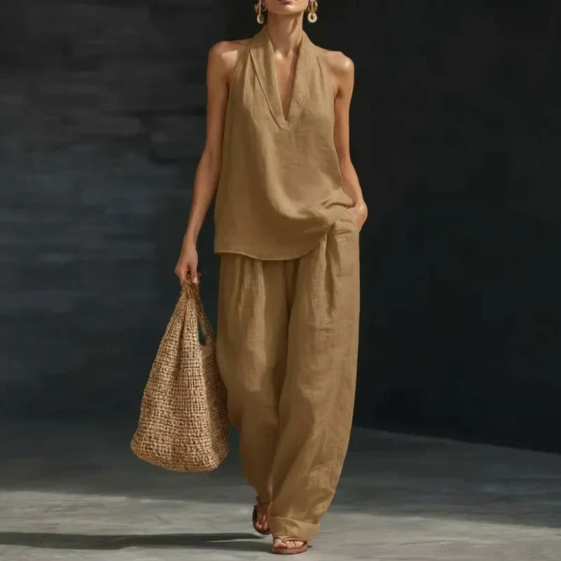 Ensemble composé d’un haut dos nu sans manches et d’un pantalon à jambes larges pour femme
