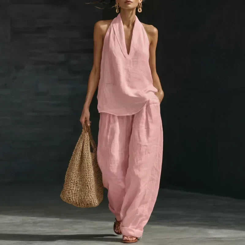 Ensemble composé d’un haut dos nu sans manches et d’un pantalon à jambes larges pour femme