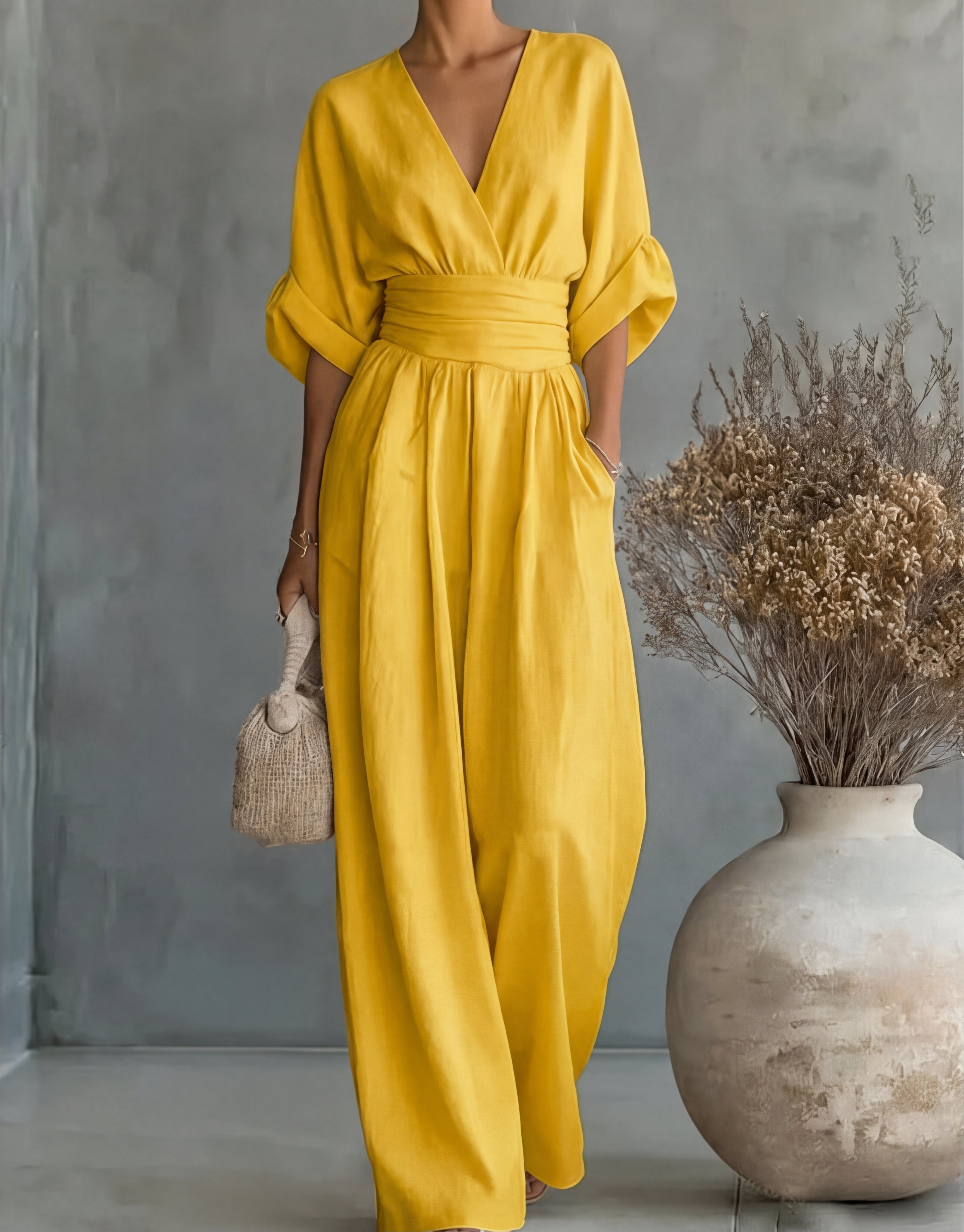 Women’s V-Neck Wide-Leg Jumpsuit with Waist Tie