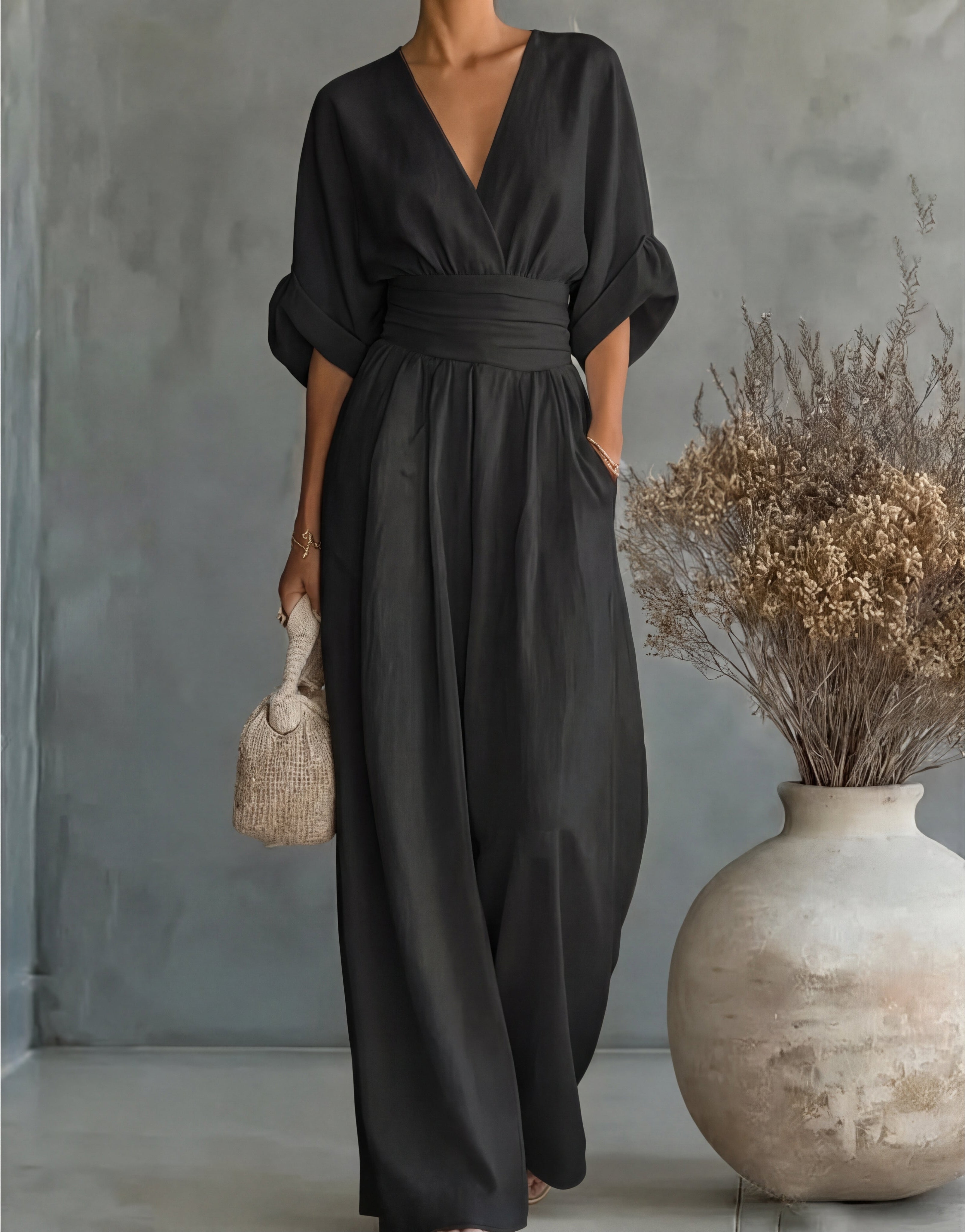Women’s V-Neck Wide-Leg Jumpsuit with Waist Tie