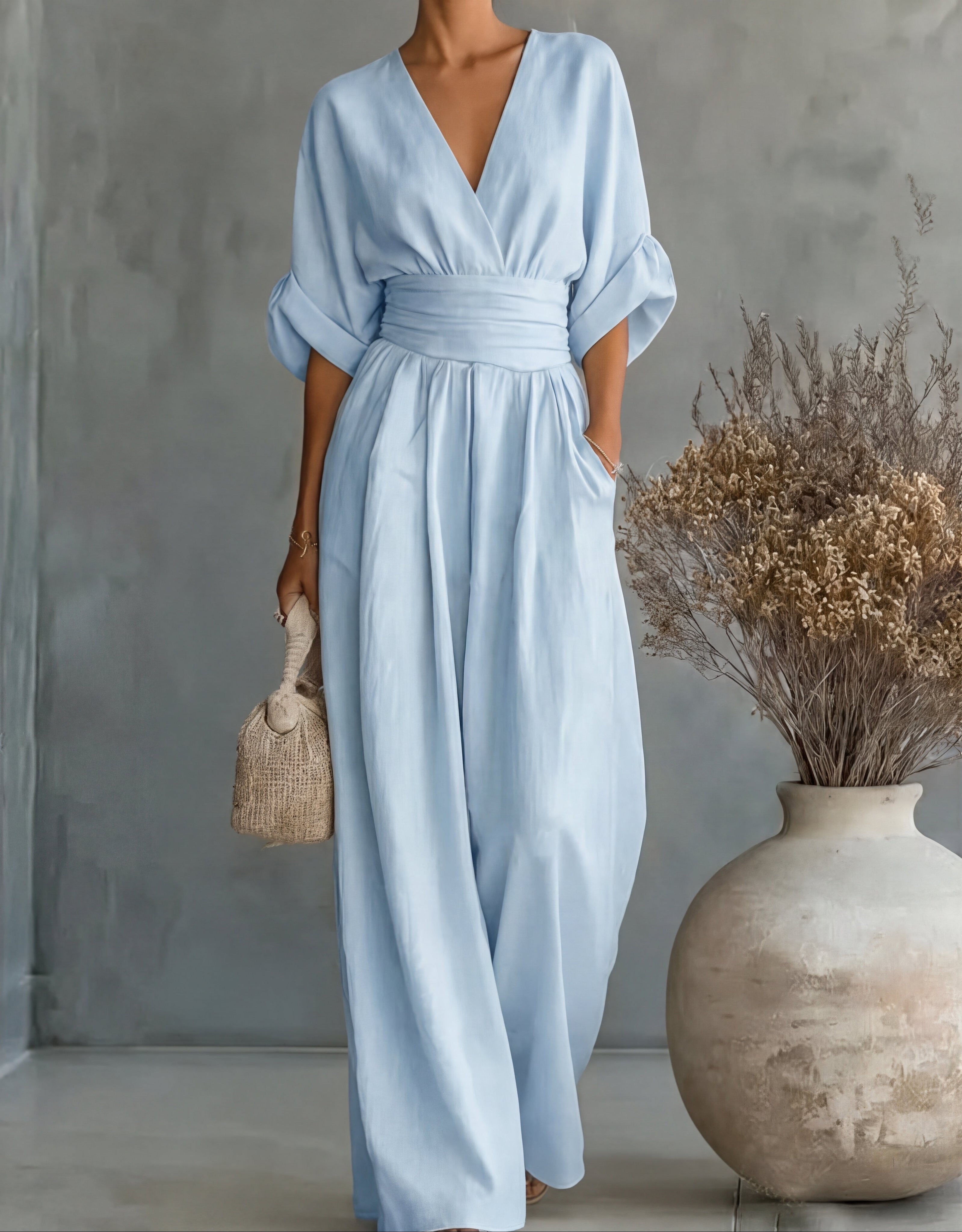 Women’s V-Neck Wide-Leg Jumpsuit with Waist Tie