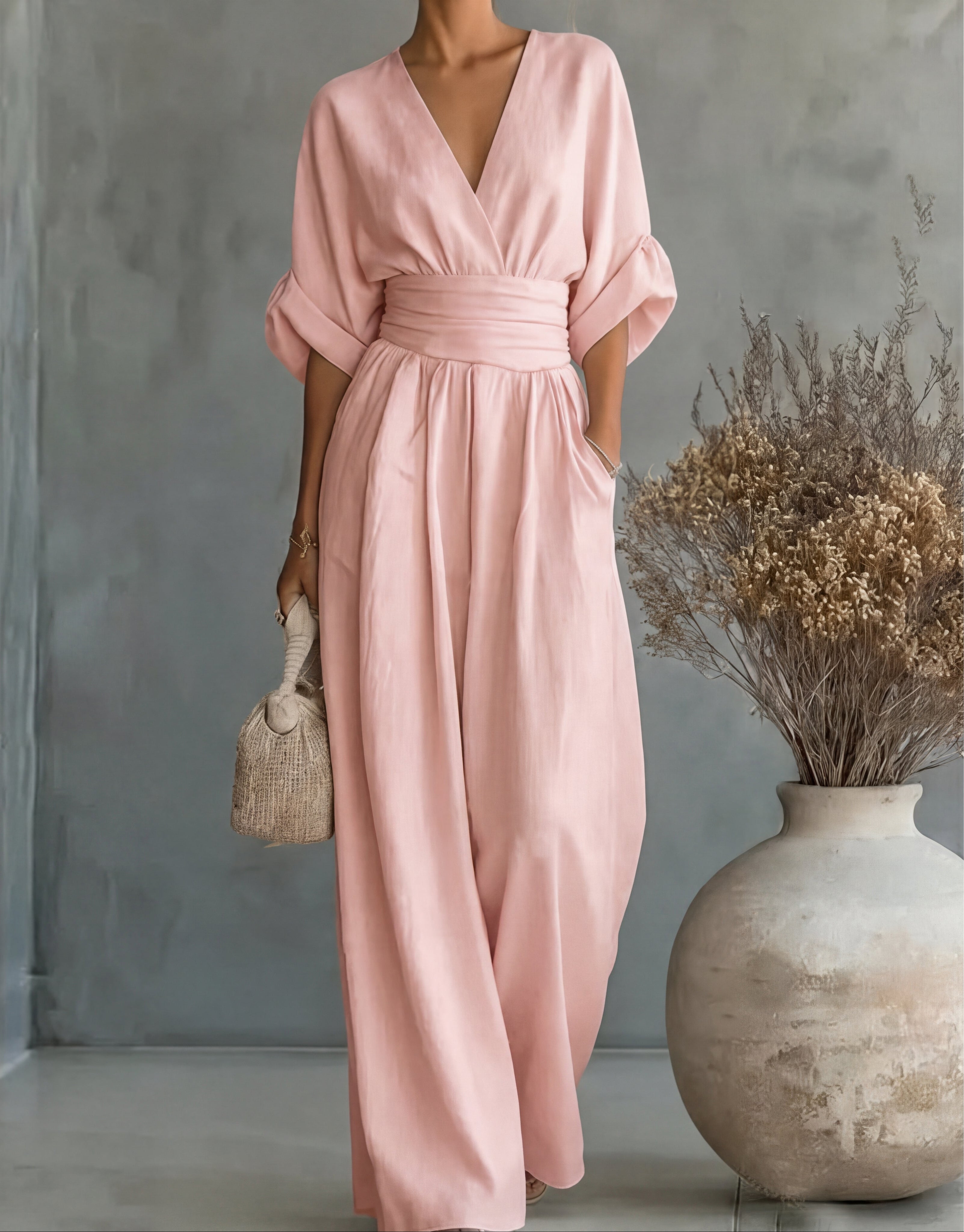 Women’s V-Neck Wide-Leg Jumpsuit with Waist Tie
