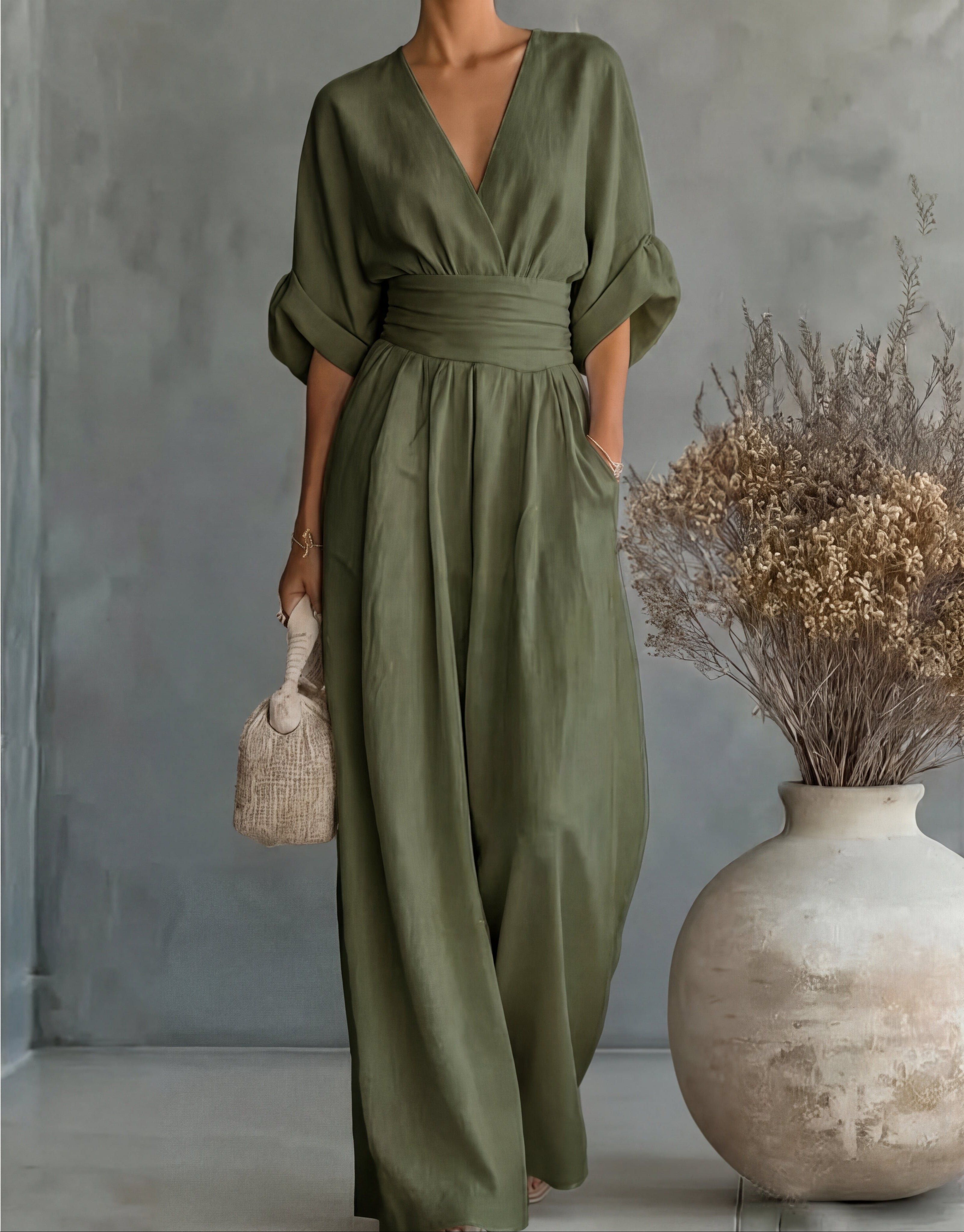 Women’s V-Neck Wide-Leg Jumpsuit with Waist Tie
