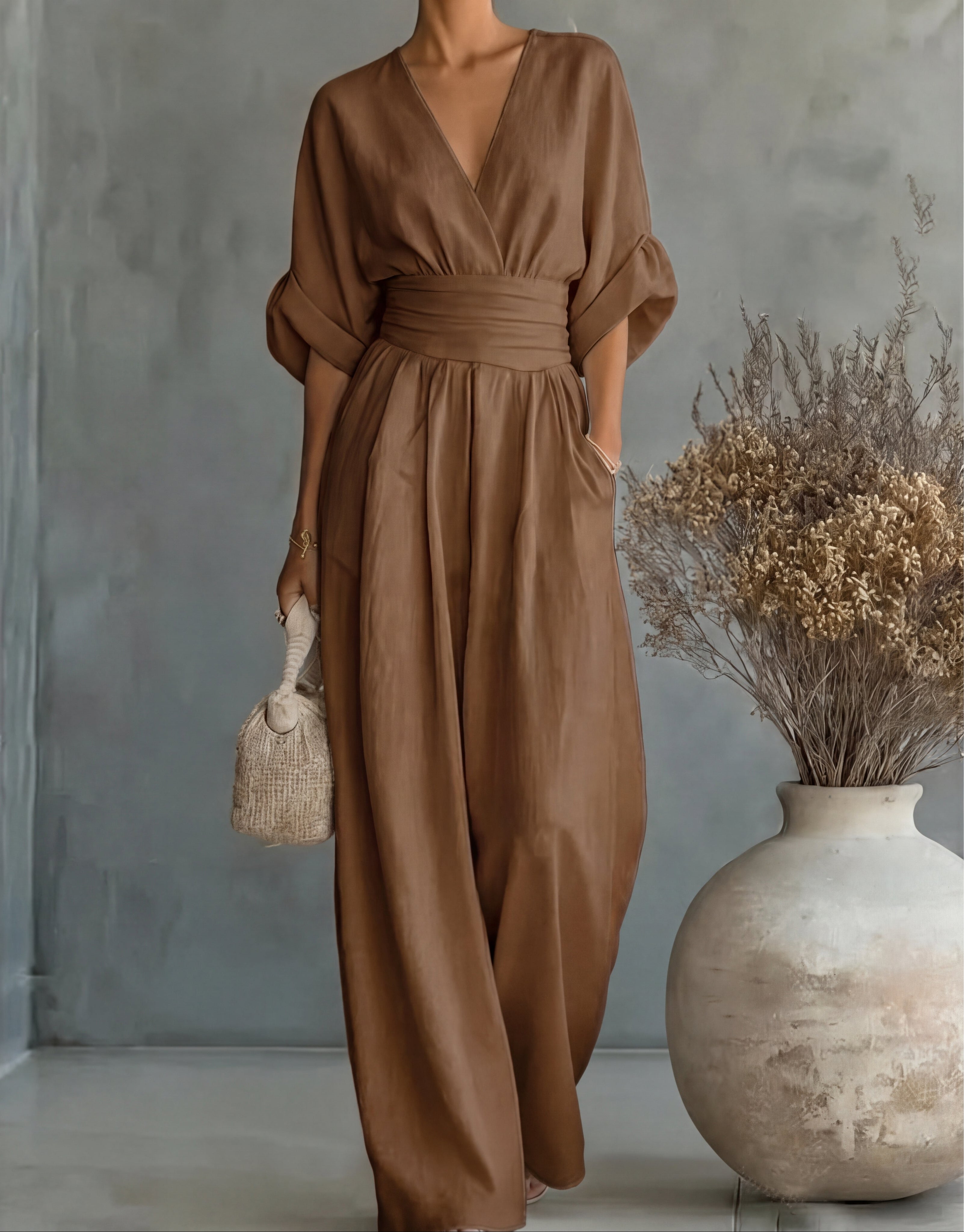 Women’s V-Neck Wide-Leg Jumpsuit with Waist Tie