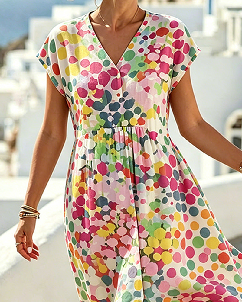 Women's Polka Dot V-Neck A-Line Midi Dress