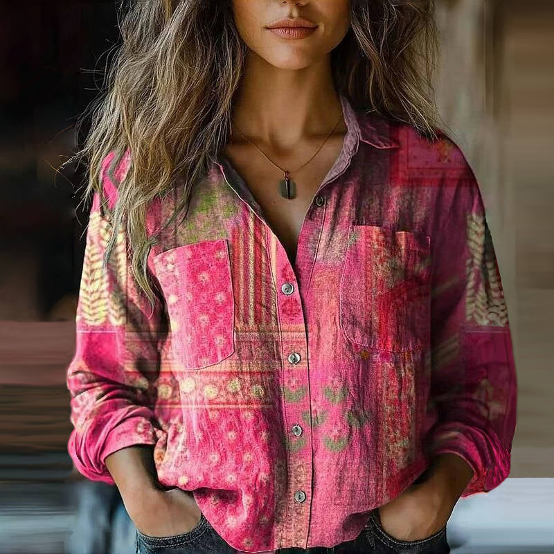 Women’s Boho Printed Vintage Long Sleeve Button Shirt