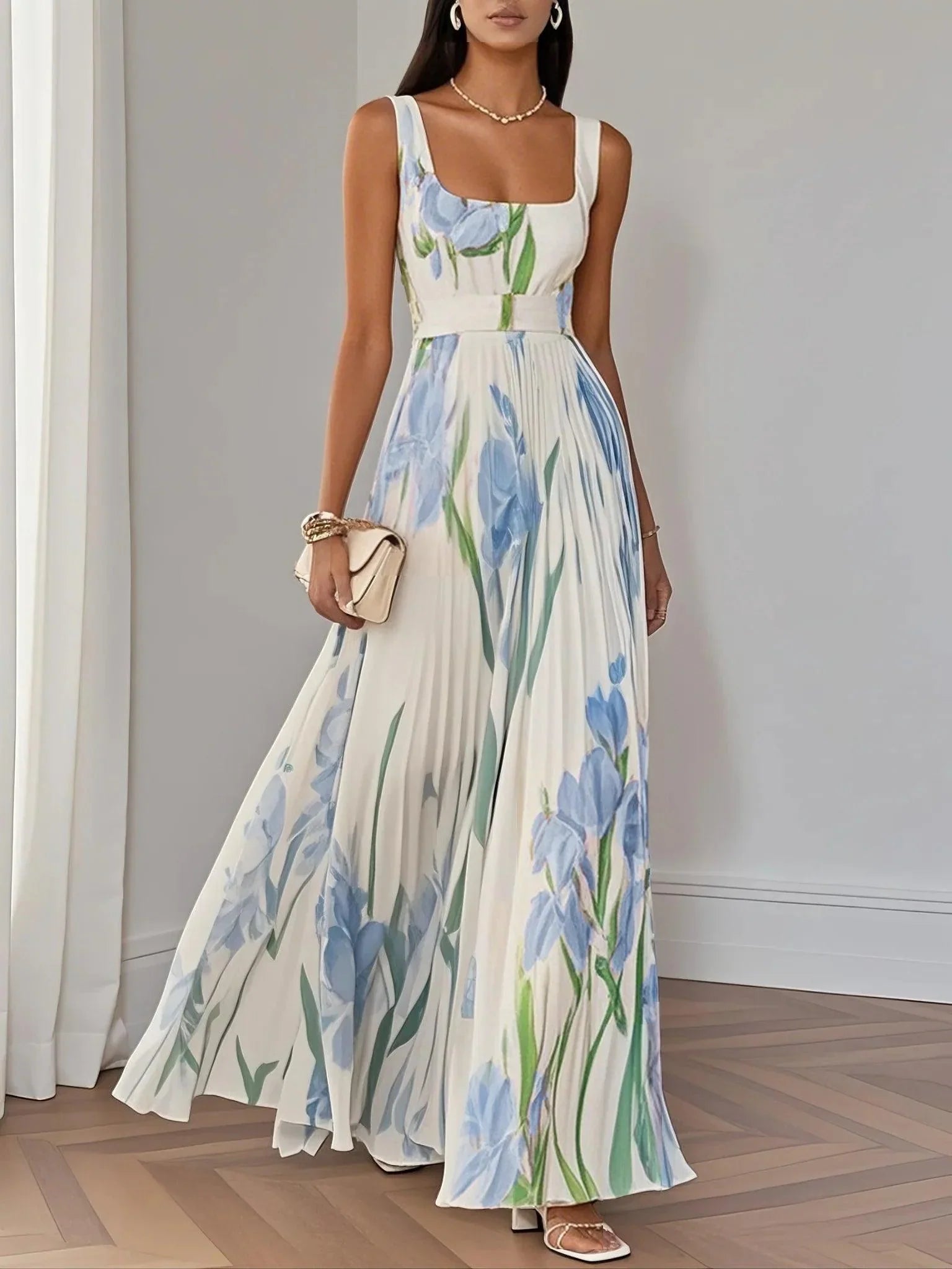 Robe longue fluide à encolure carrée fleurie pour femme