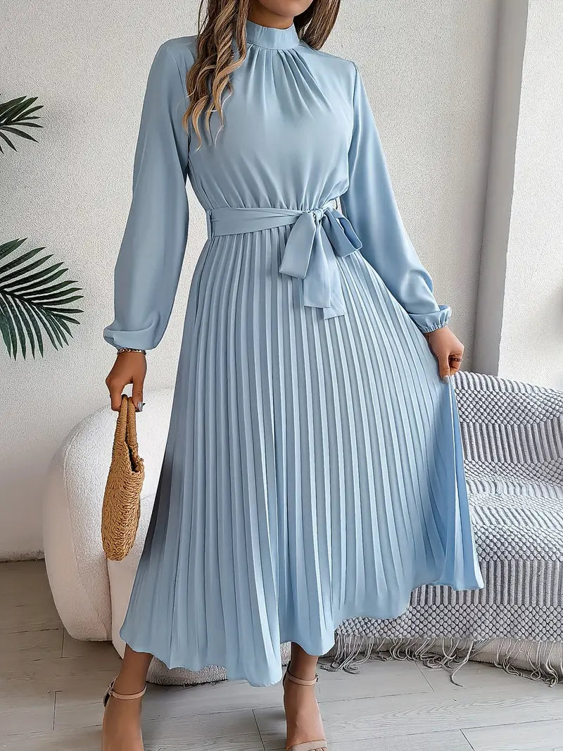 Robe midi plissée pour femme à col montant avec ceinture à nouer