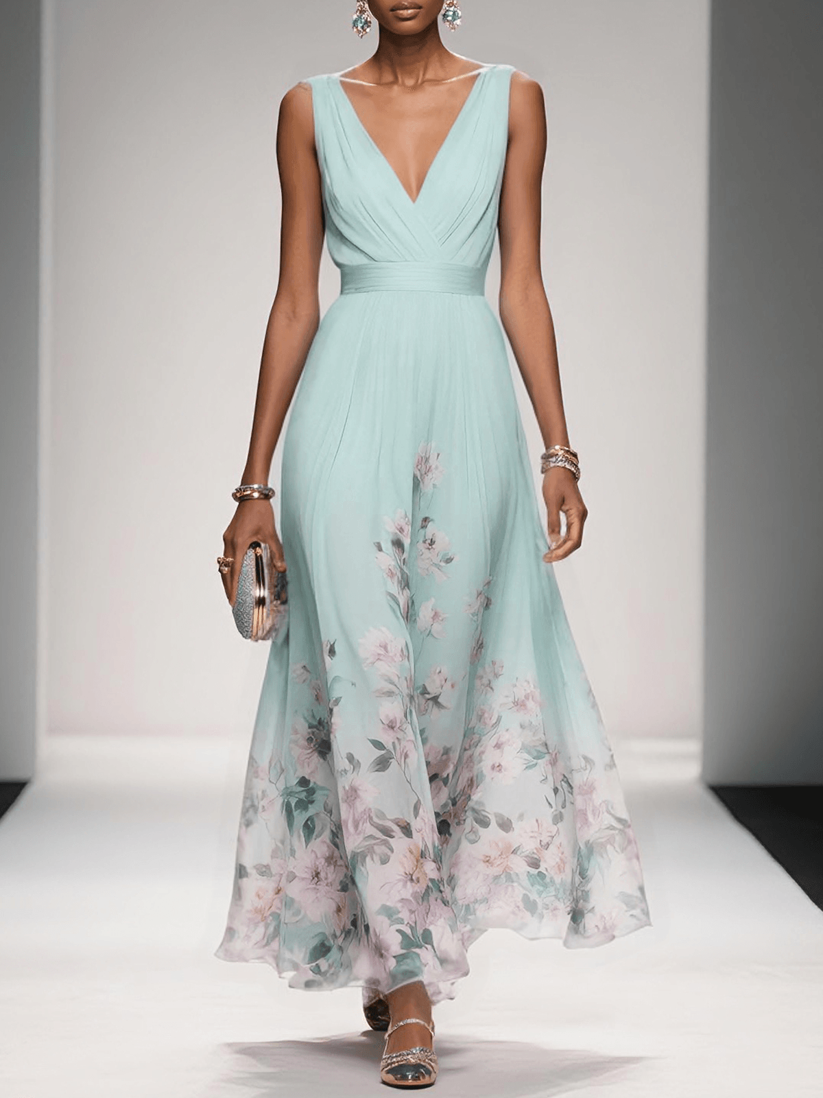 Robe midi fleurie à décolleté plongeant pour femmes