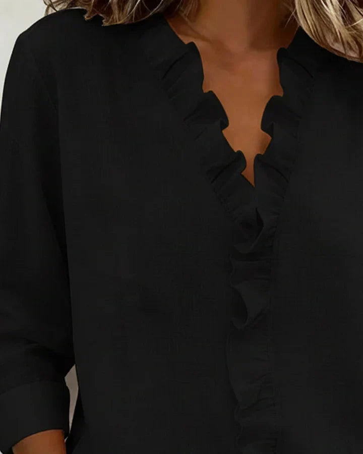 Women's V-Neck Ruffled Blouse with Long Sleeves
