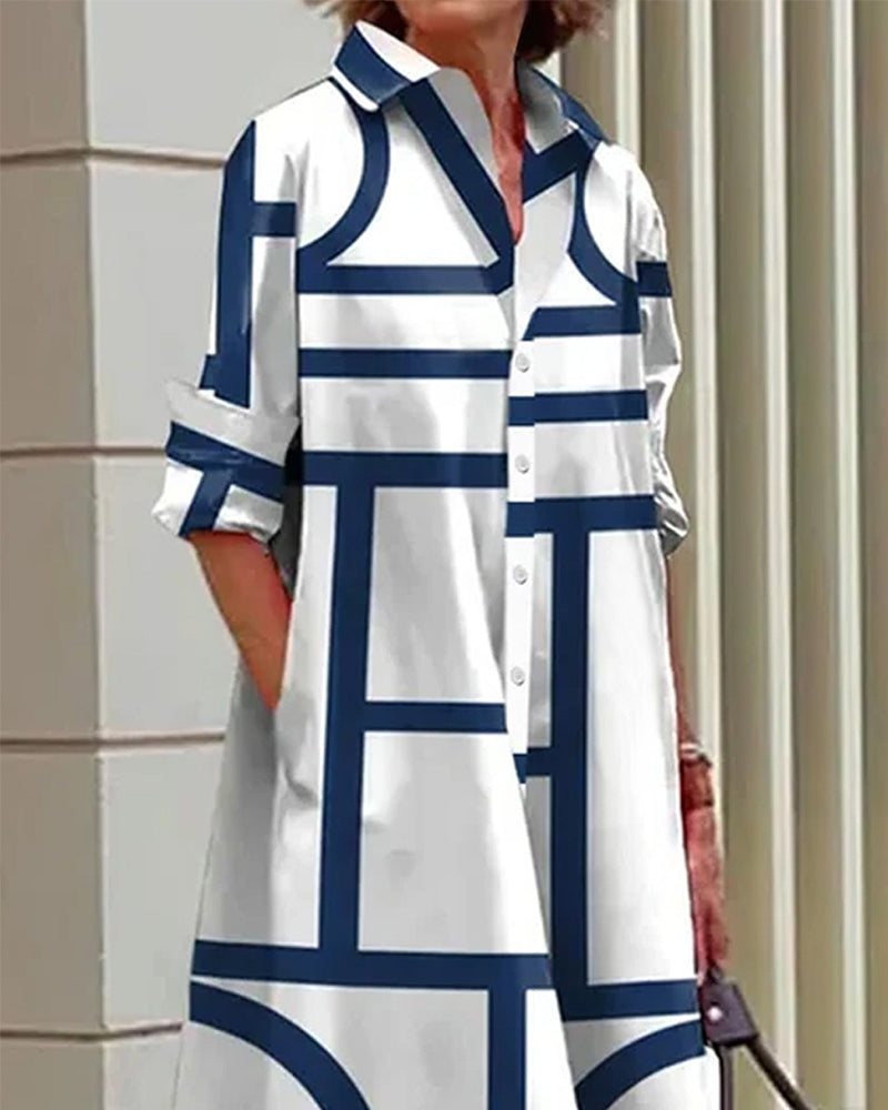 Abito midi da donna con tasche e stampa geometrica