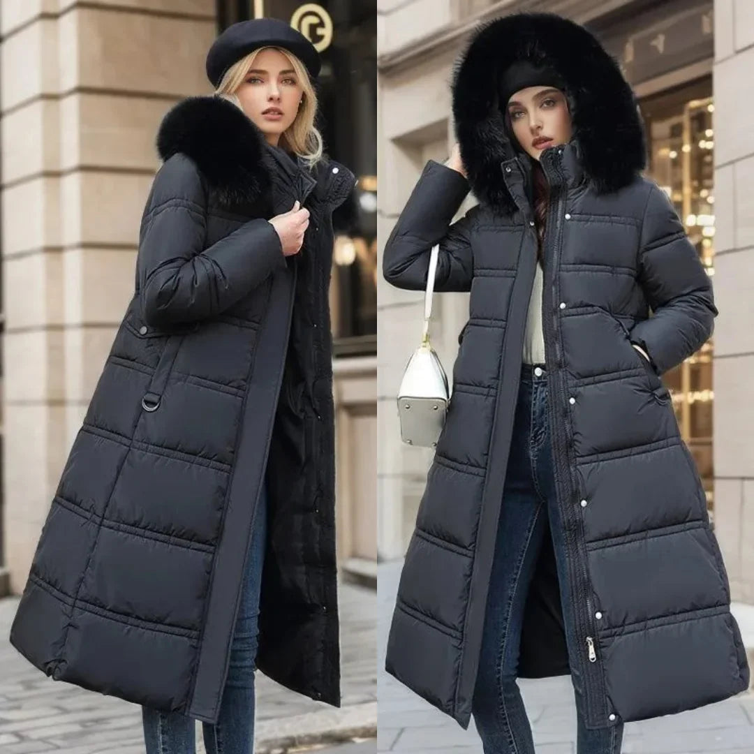 Parka longue matelassée pour femme avec capuche bordée de fausse fourrure