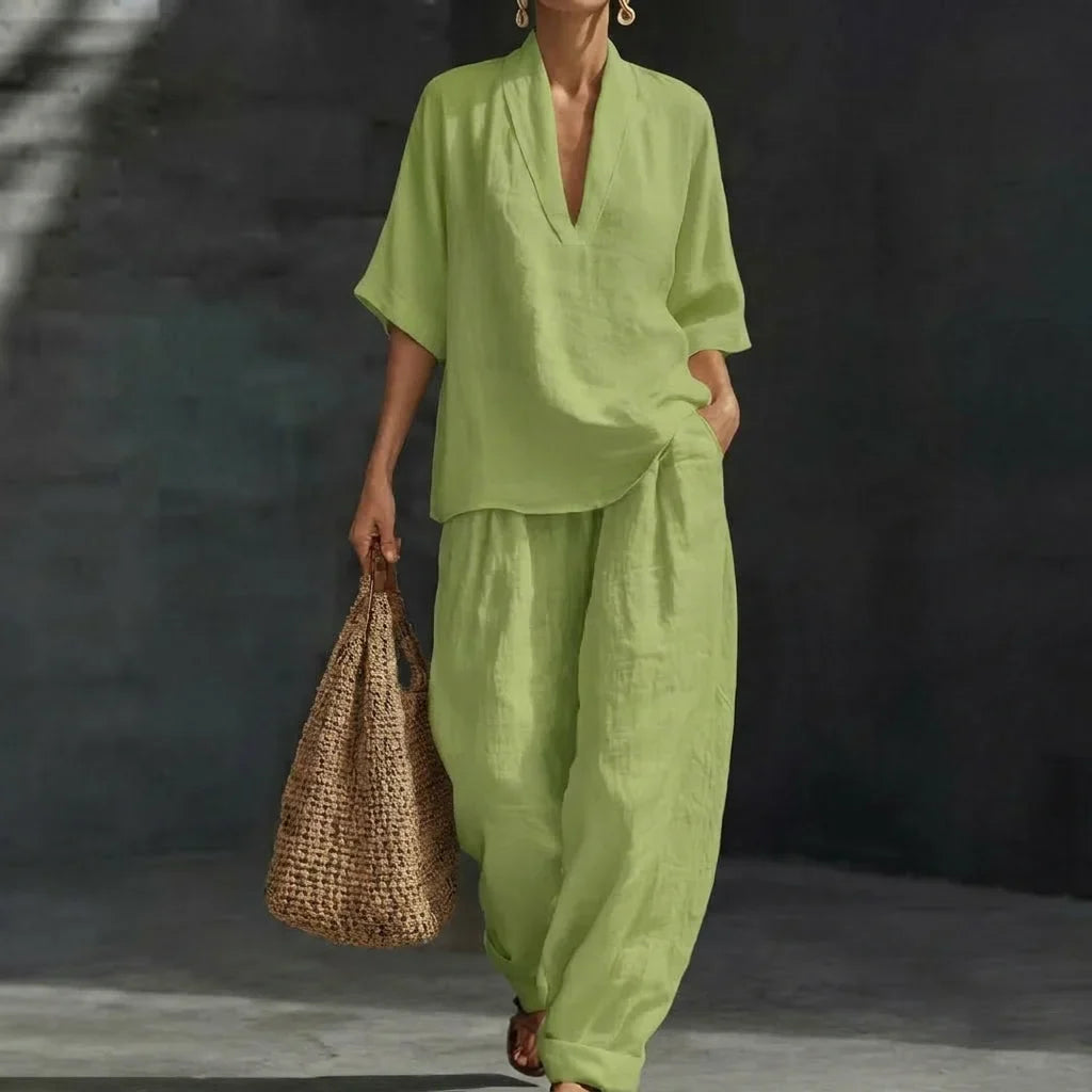 Women’s Relaxed Two-Piece Set with V-Neck Top and Wide-Leg Pants
