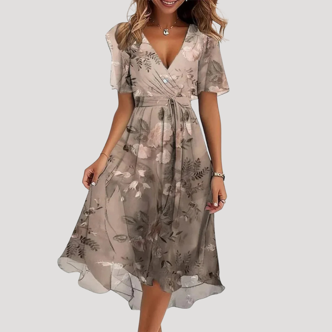 Women's Floral Wrap Midi Dress with Tie Waist