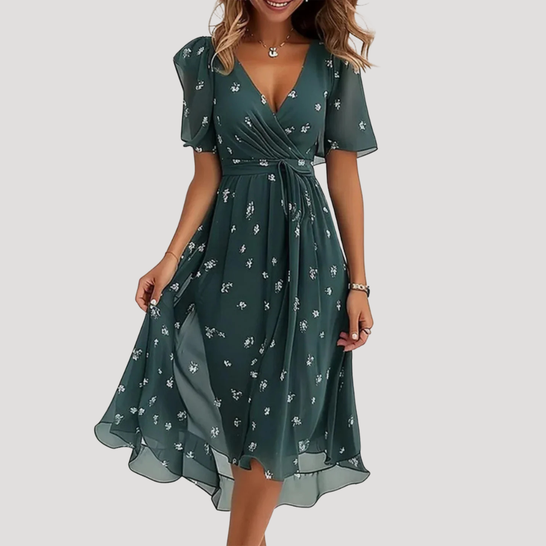 Women's Floral Wrap Midi Dress with Tie Waist