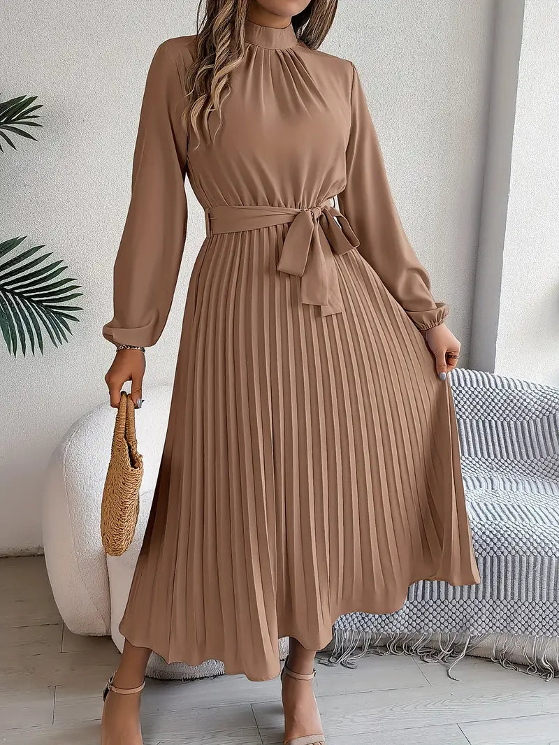 Robe midi plissée pour femme à col montant avec ceinture à nouer