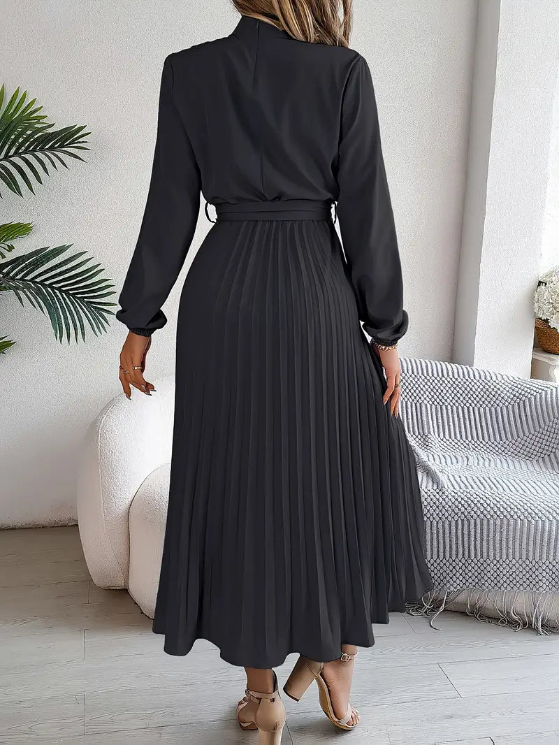 Robe midi plissée pour femme à col montant avec ceinture à nouer