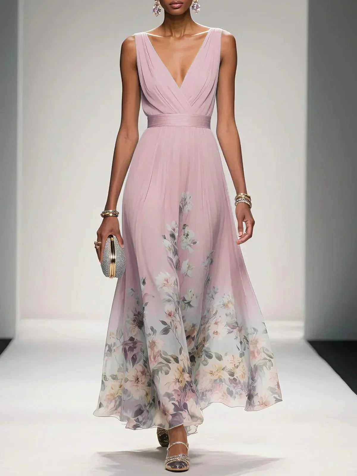 Robe midi fleurie à décolleté plongeant pour femmes