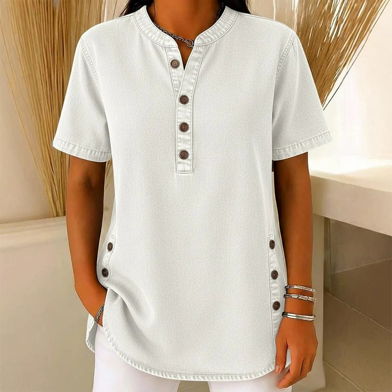 Women’s Short Sleeve Henley Tunic Top with Side Slits