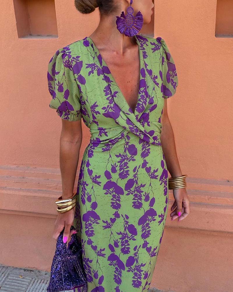 Women's Floral Wrap V-Neck Puff Sleeve Midi Dress