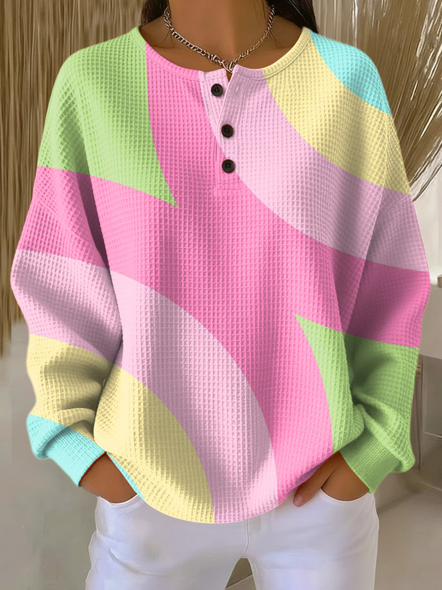 Women's Waffle Knit Pullover Abstract Geometric Pattern