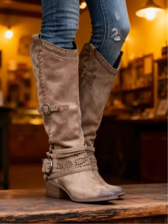 Women's Knee High Buckle Strap Boots with Zipper